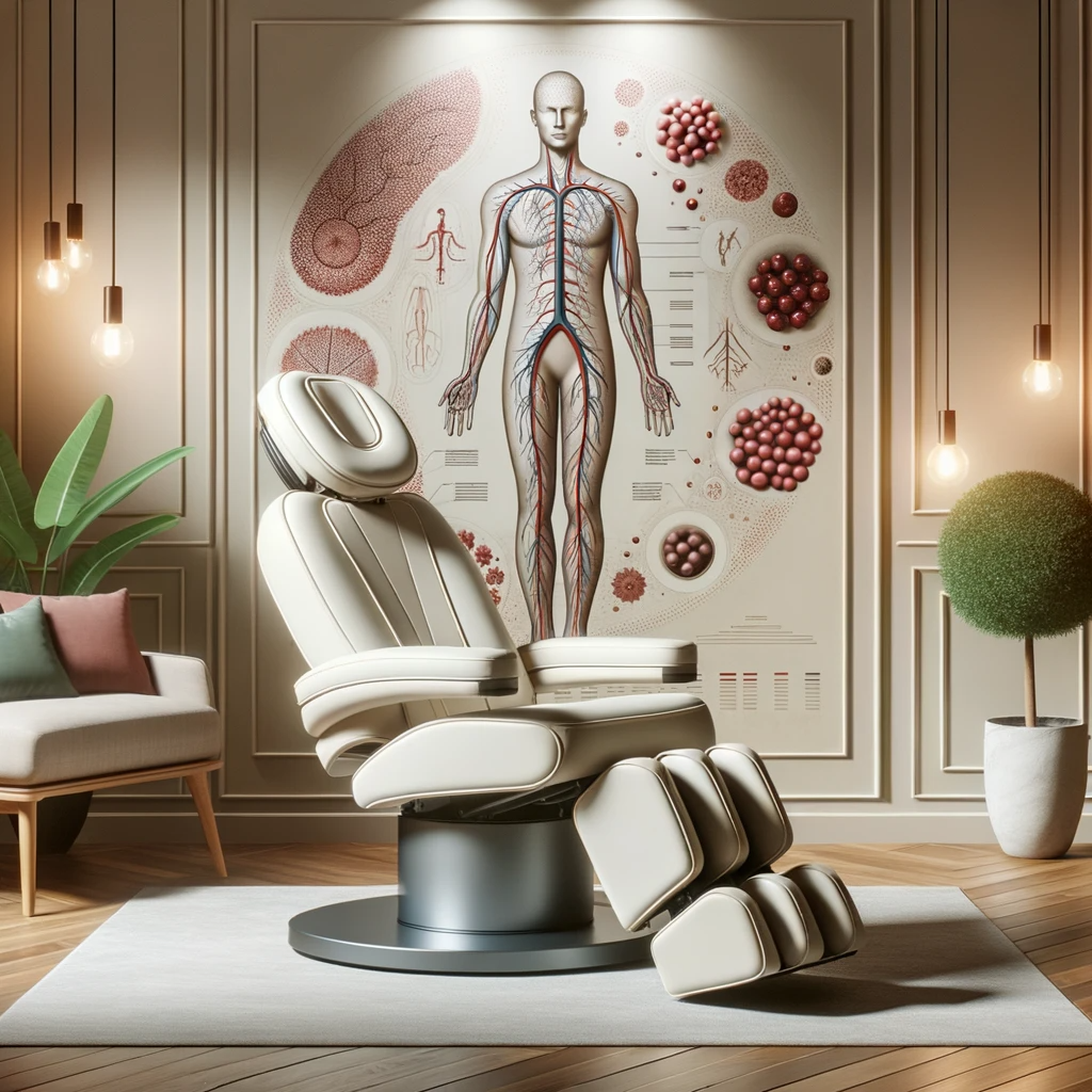 Person comfortably reclining in a modern massage chair in a serene wellness room, with an adjacent illustrated diagram of the human circulatory system, emphasizing the chair's benefits for blood vessel stimulation.